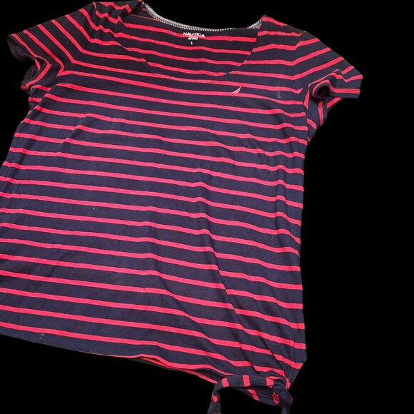 Nautica Black & Red Striped Tie Hem Tee – Size Large – Short Sleeve - Picture 3 of 4